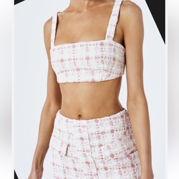NWT ALEXIS ASSI pink tweed mini square neck crop top small - Picture 1 of 5